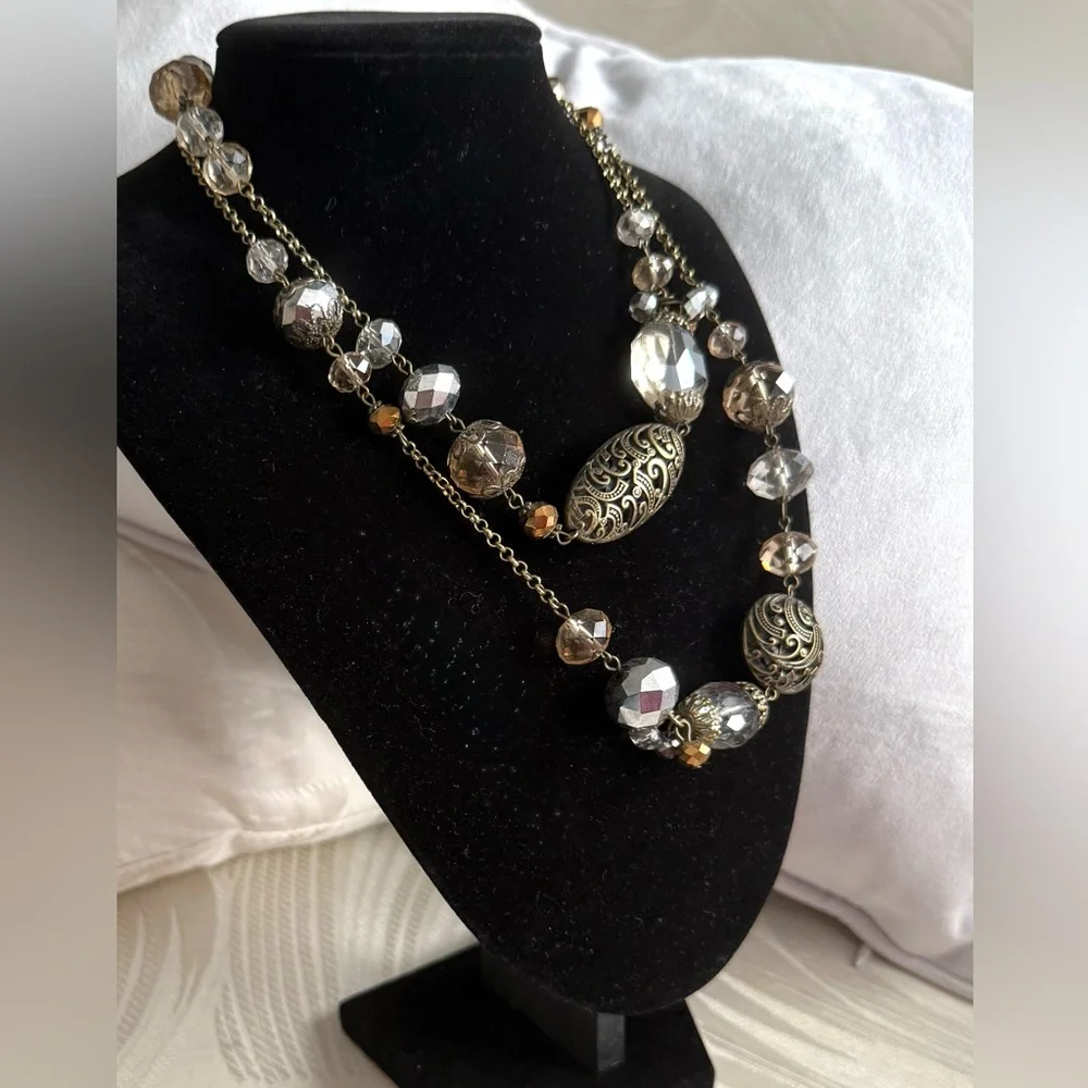 Vintage Opera Length Necklace Brass and Crystals 36”